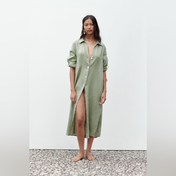 Zara Linen Midi Shirt Dress Olive Green Size Medium - Picture 1 of 14